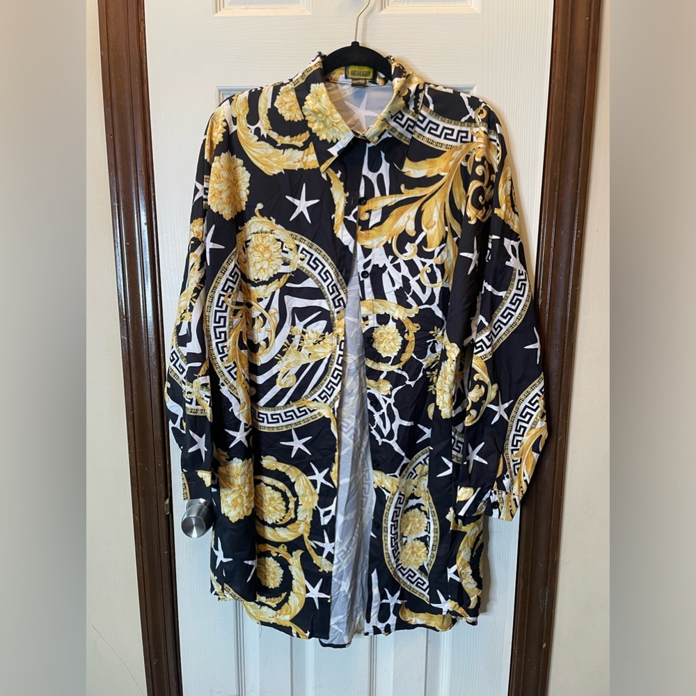 Flower Print Shirt Dress Black, Gold,